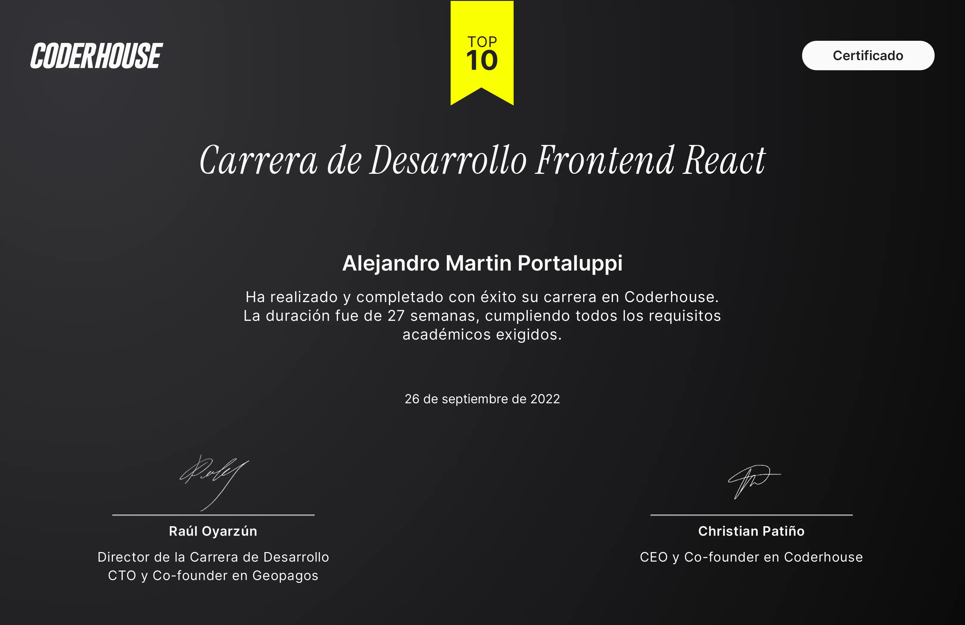 Certificado de Carrera de Desarrollo Frontend React